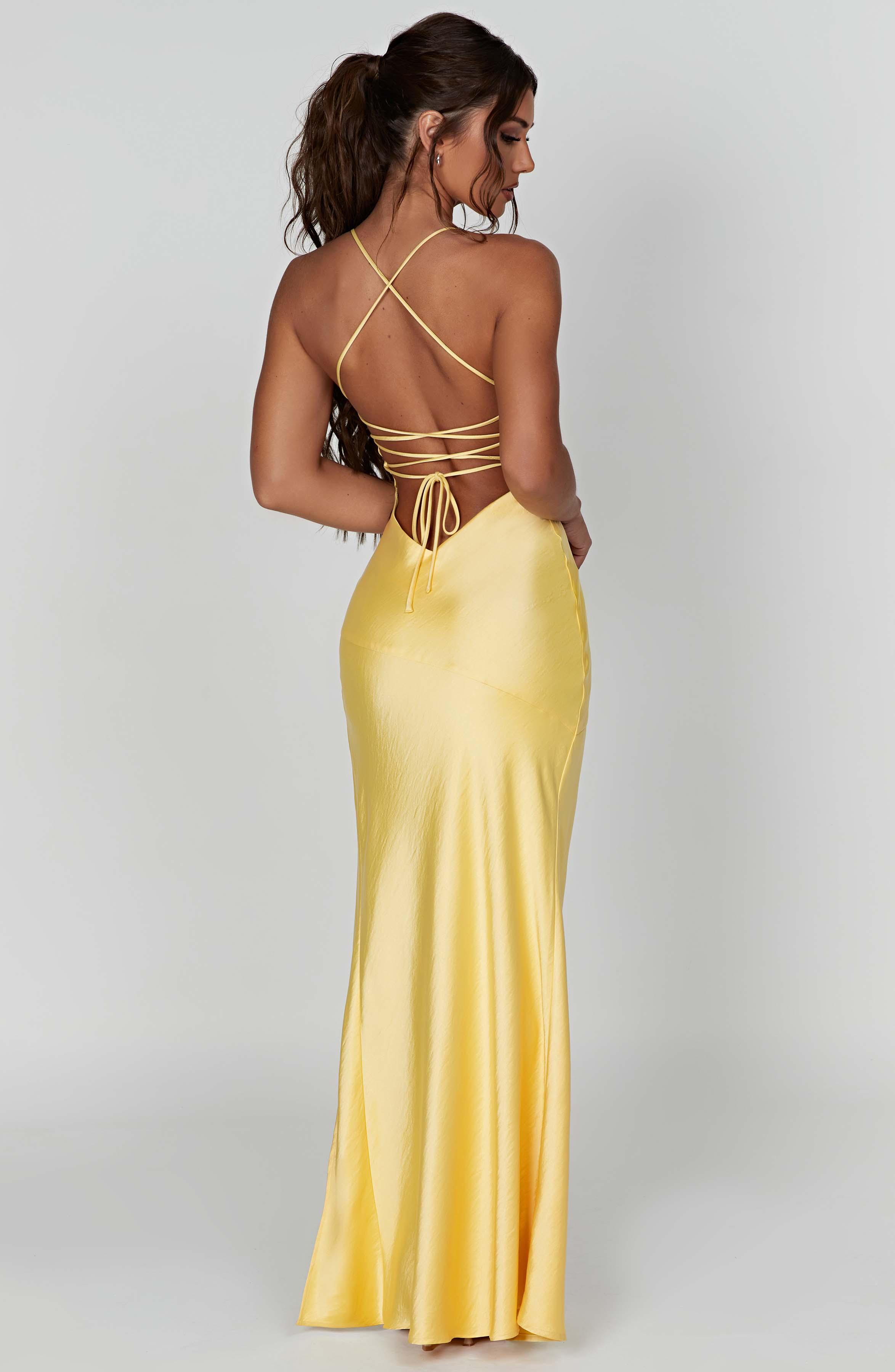 Isobel Luxe Satin Maxi Dress with Low Back and Split - Lemon