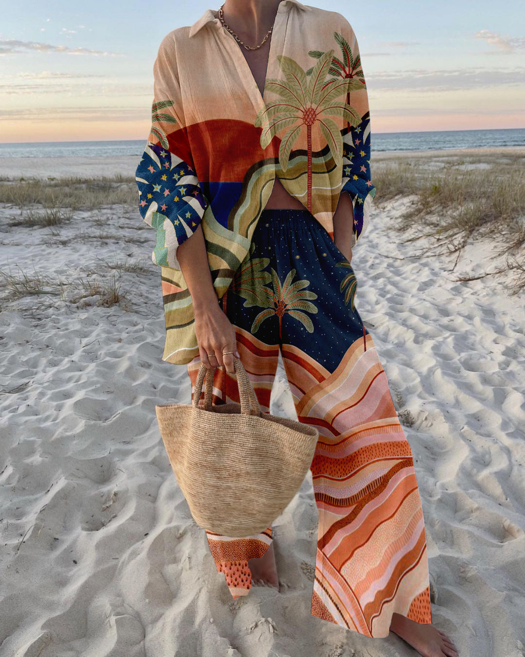 Lana – Comfortabele Luchtige Strandset met Tropische Print van Katoenmix