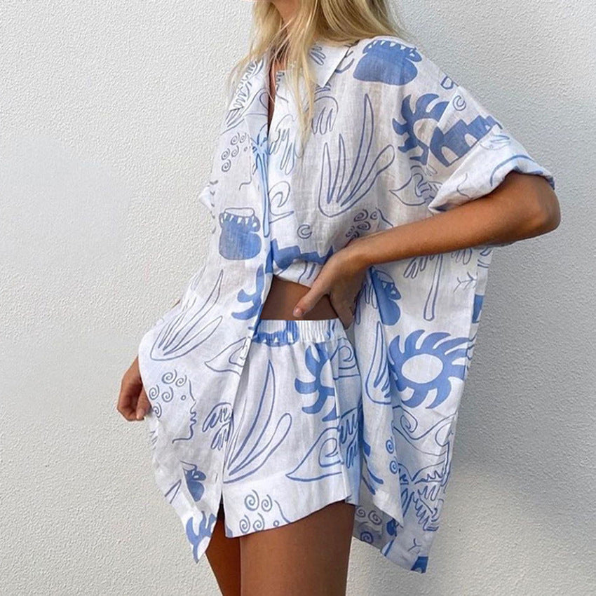 Nora Luchtige Comfortabele Set van Katoen-Linnen met Oceanische Print