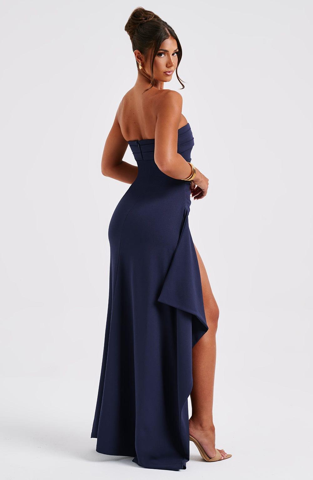 Zafira Luxe Stretch Crepe Maxi Jurk met Asymmetrische Plissé en Split - Navy