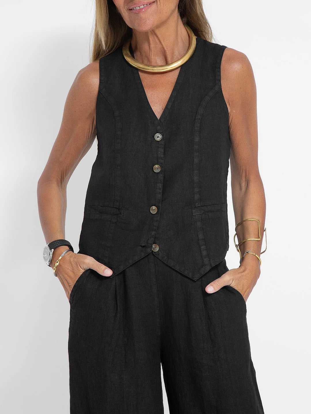 Claire – Elegant Sleeveless Linen Set with V-Neck Vest and Wide Pants