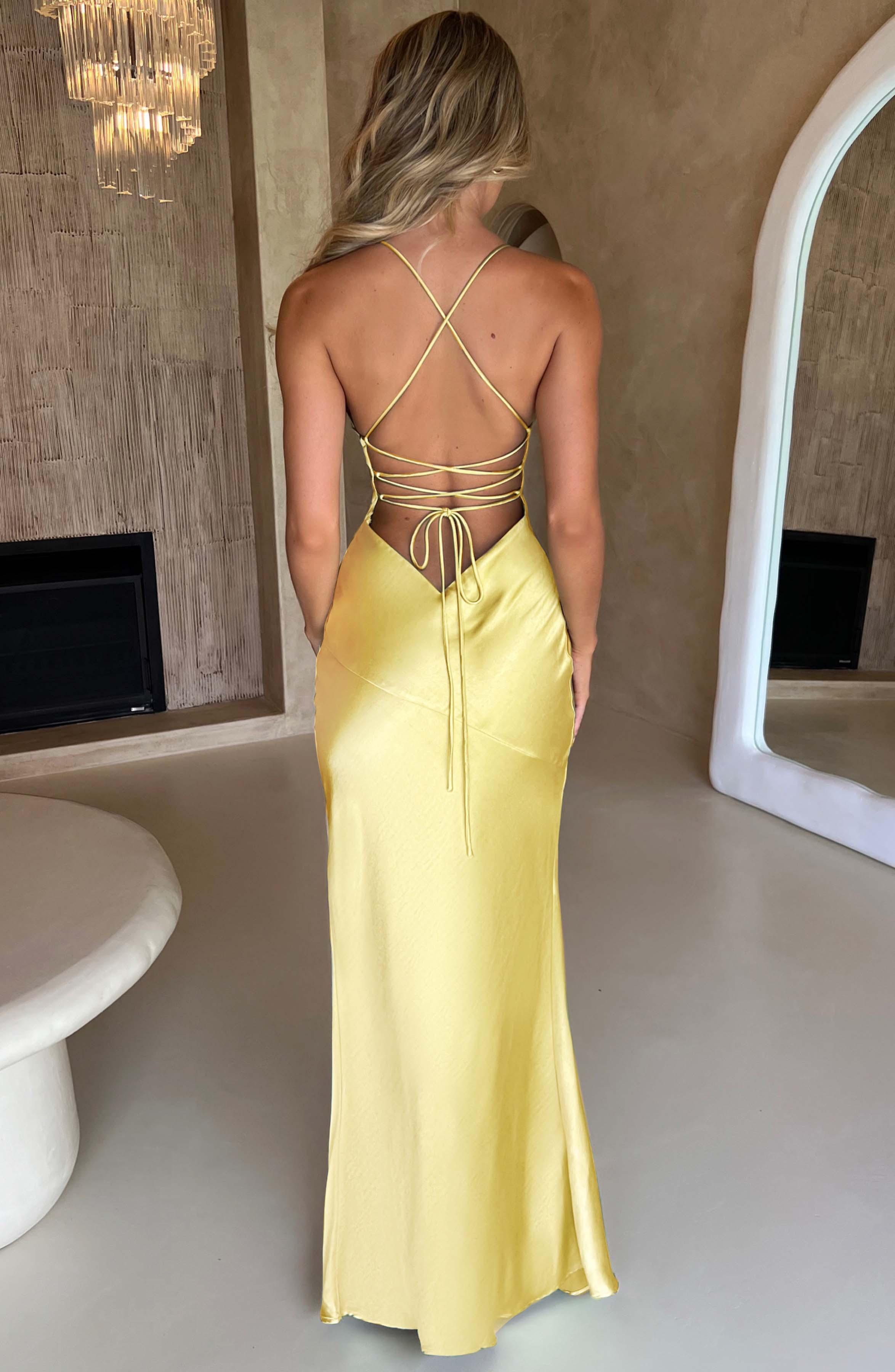 Isobel Luxe Satin Maxi Dress with Low Back and Split - Lemon