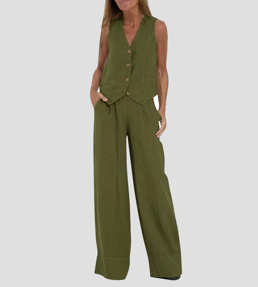 Claire – Elegant Sleeveless Linen Set with V-Neck Vest and Wide Pants