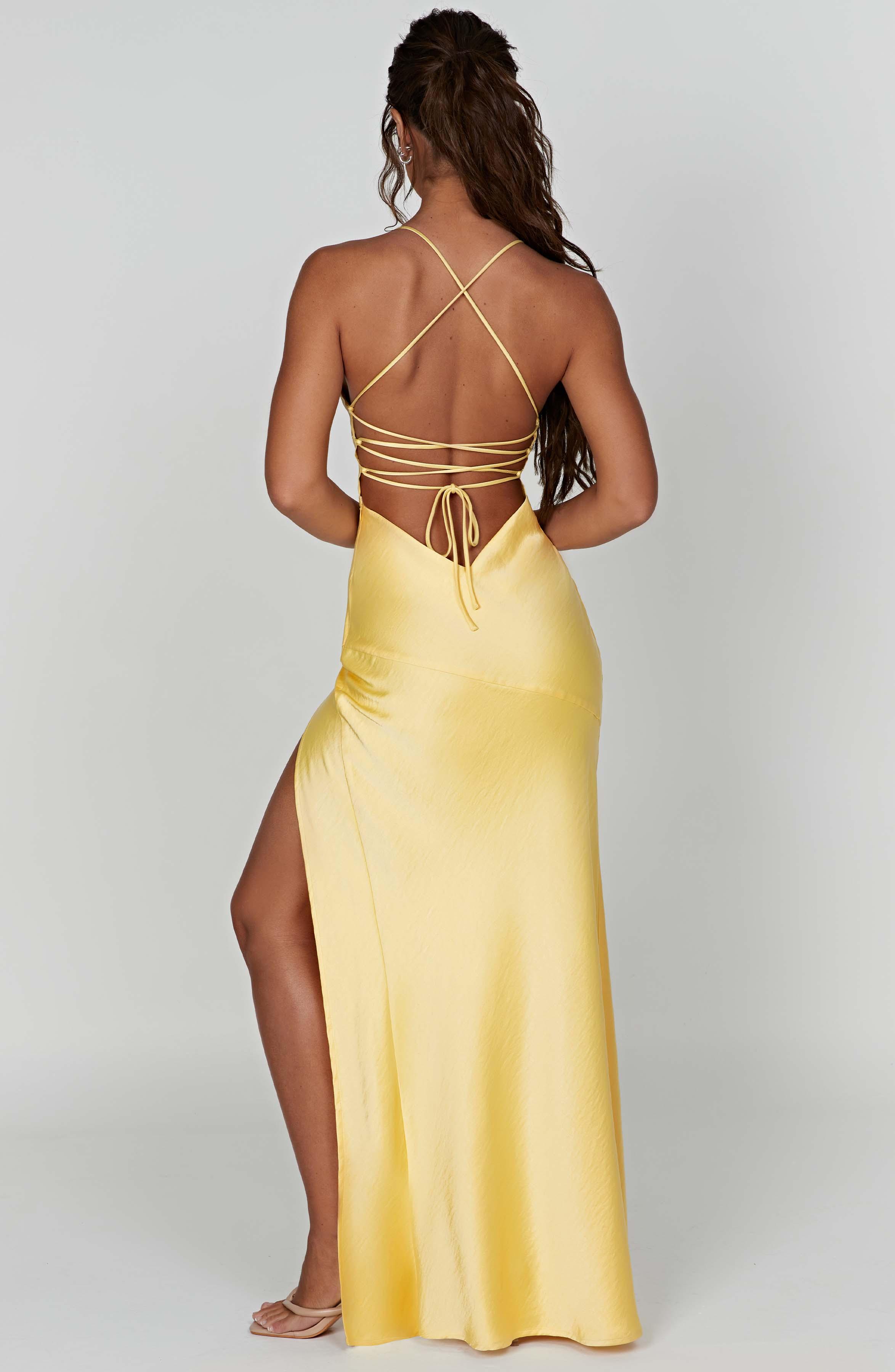 Isobel Luxe Satin Maxi Dress with Low Back and Split - Lemon