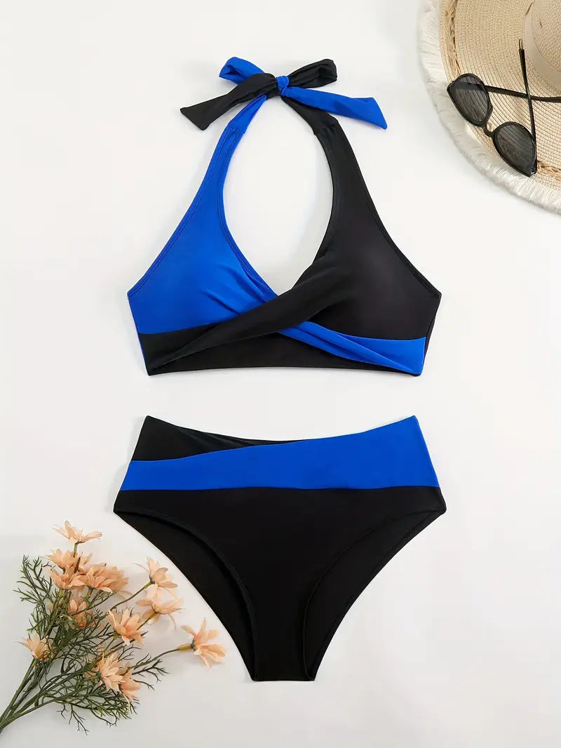 Kiara Luxe Color Block Bikini Set – Elegant & Verleidelijk met Cross Wrap Detail