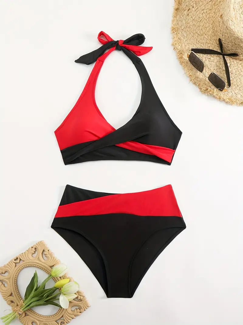 Kiara Luxe Color Block Bikini Set – Elegant & Verleidelijk met Cross Wrap Detail