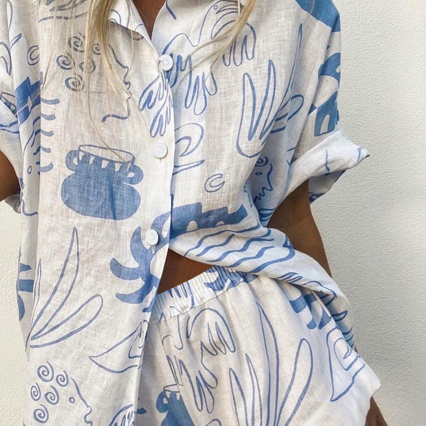 Nora Luchtige Comfortabele Set van Katoen-Linnen met Oceanische Print