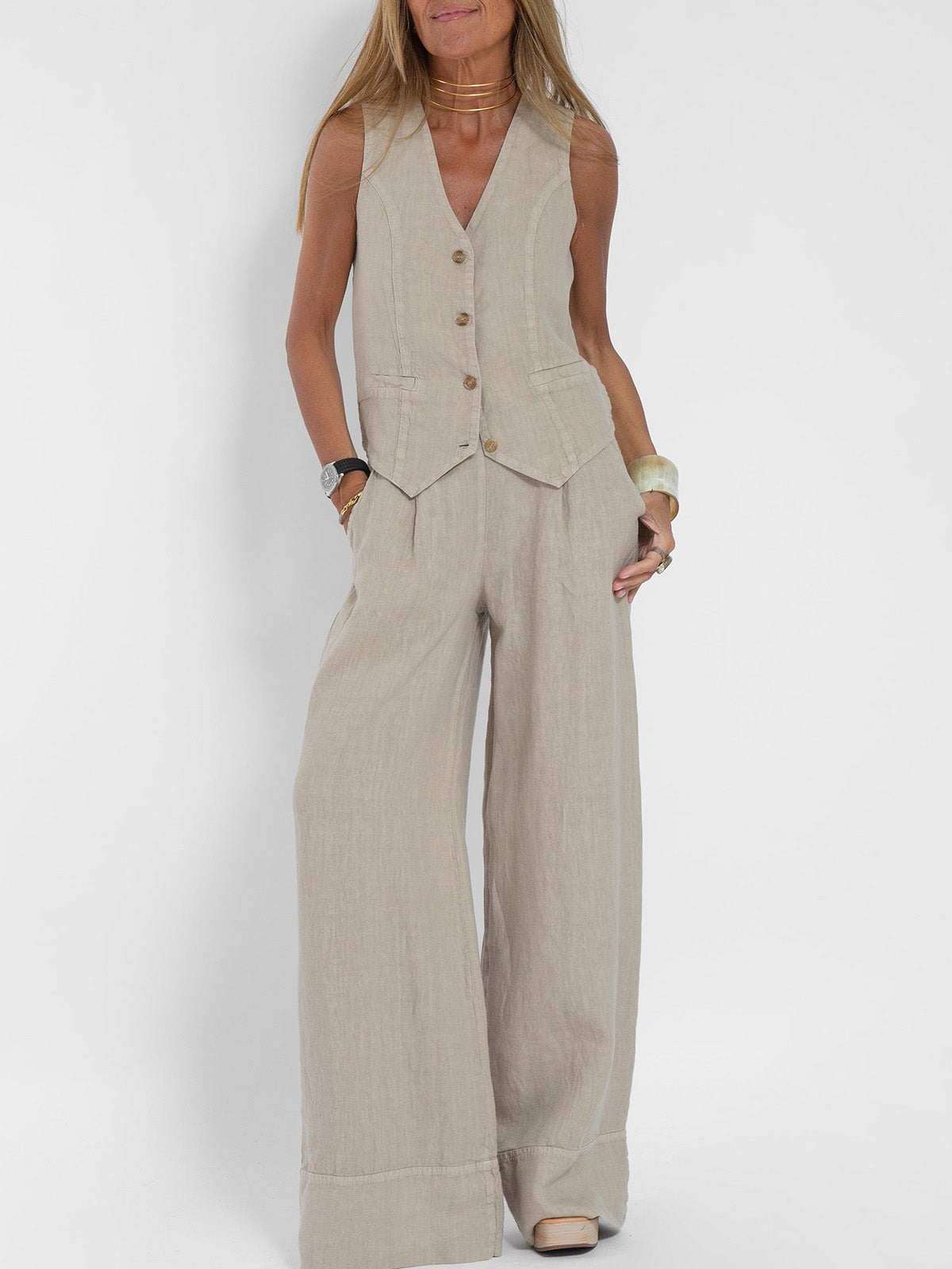 Claire – Elegante Mouwloze Linnen Set met V-Hals Gilet en Wijde Broek