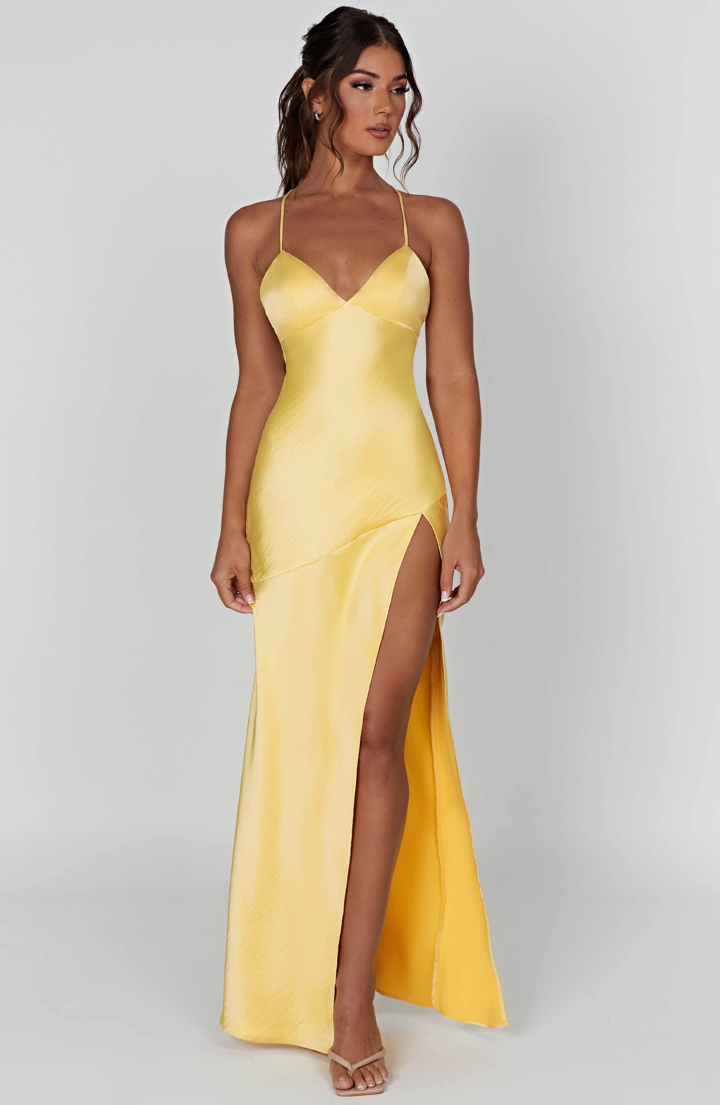 Isobel Luxe Satin Maxi Dress with Low Back and Split - Lemon