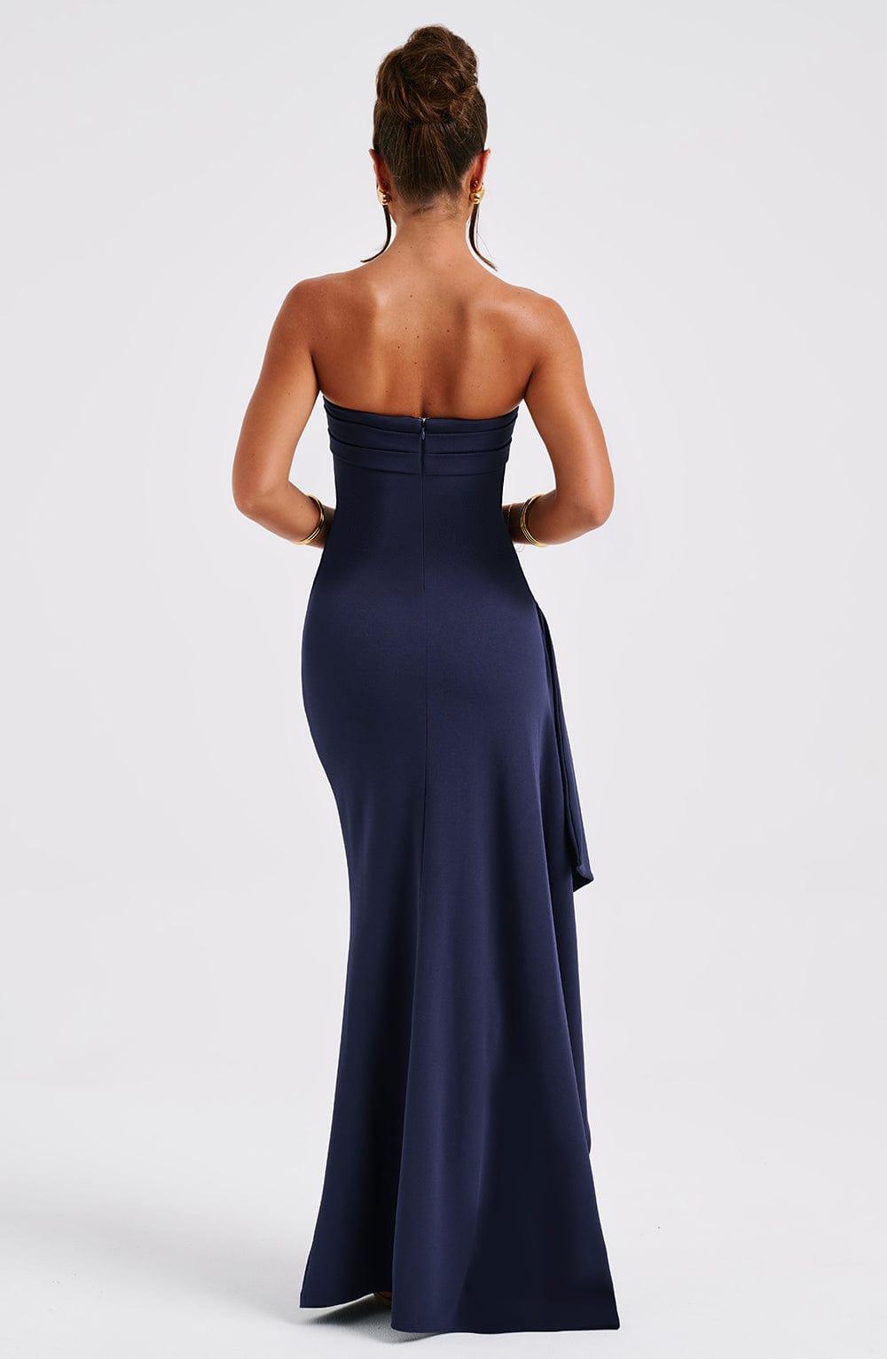 Zafira Luxe Stretch Crepe Maxi Jurk met Asymmetrische Plissé en Split - Navy