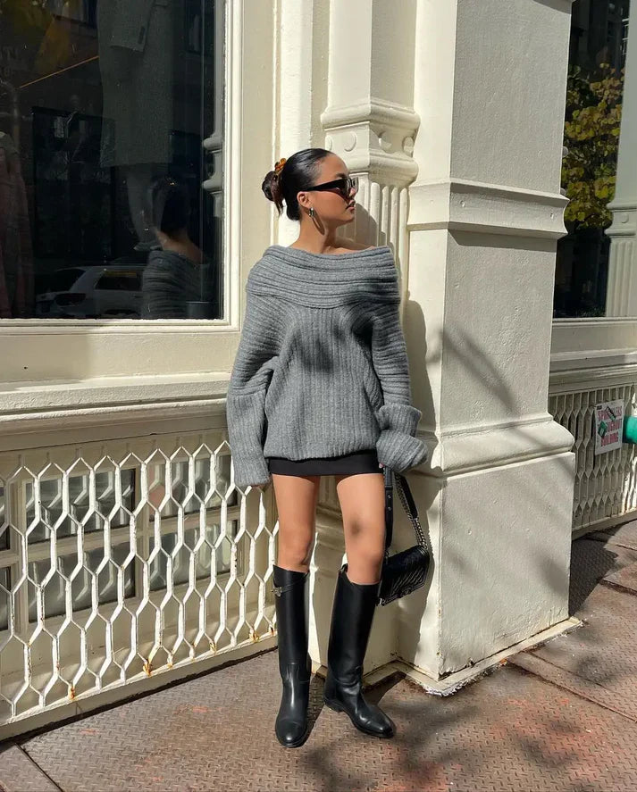 Off-Shoulder Knitted Sweater with Oversized Sleeves