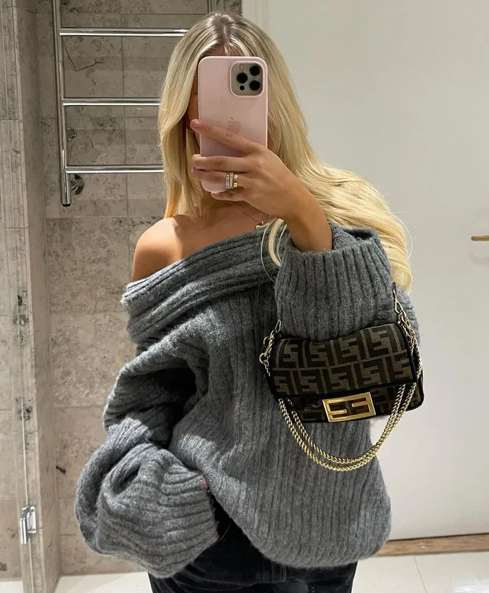 Off-Shoulder Knitted Sweater with Oversized Sleeves