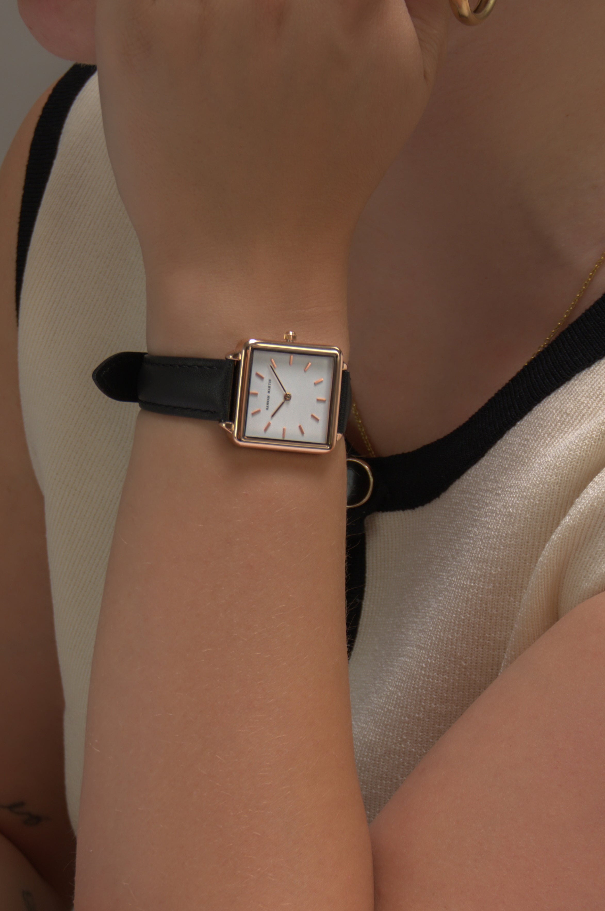 Avenue - Square Ladies Watch Rose Gold with White Dial and Black Leather Strap