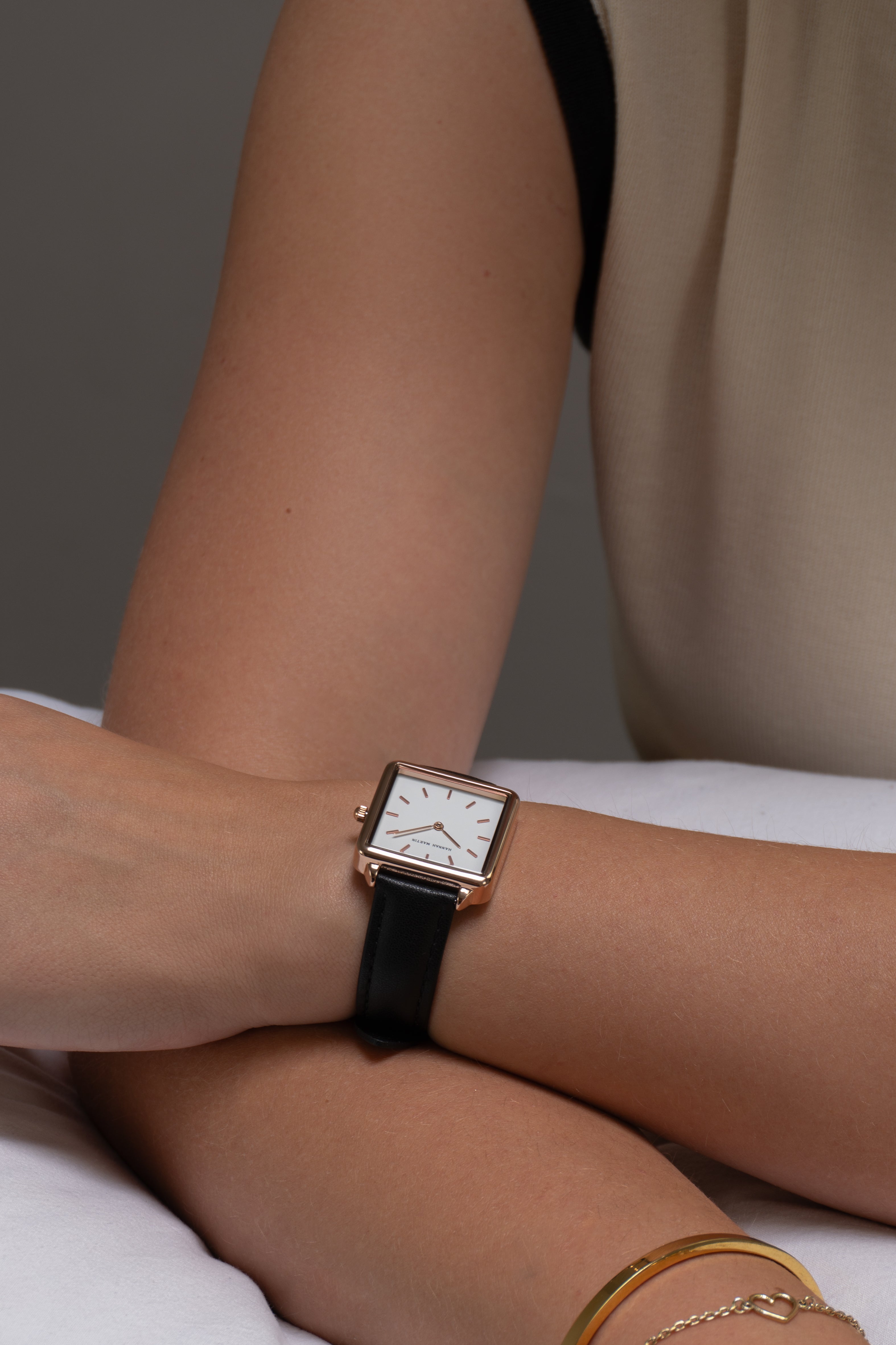 Avenue - Square Ladies Watch Rose Gold with White Dial and Black Leather Strap