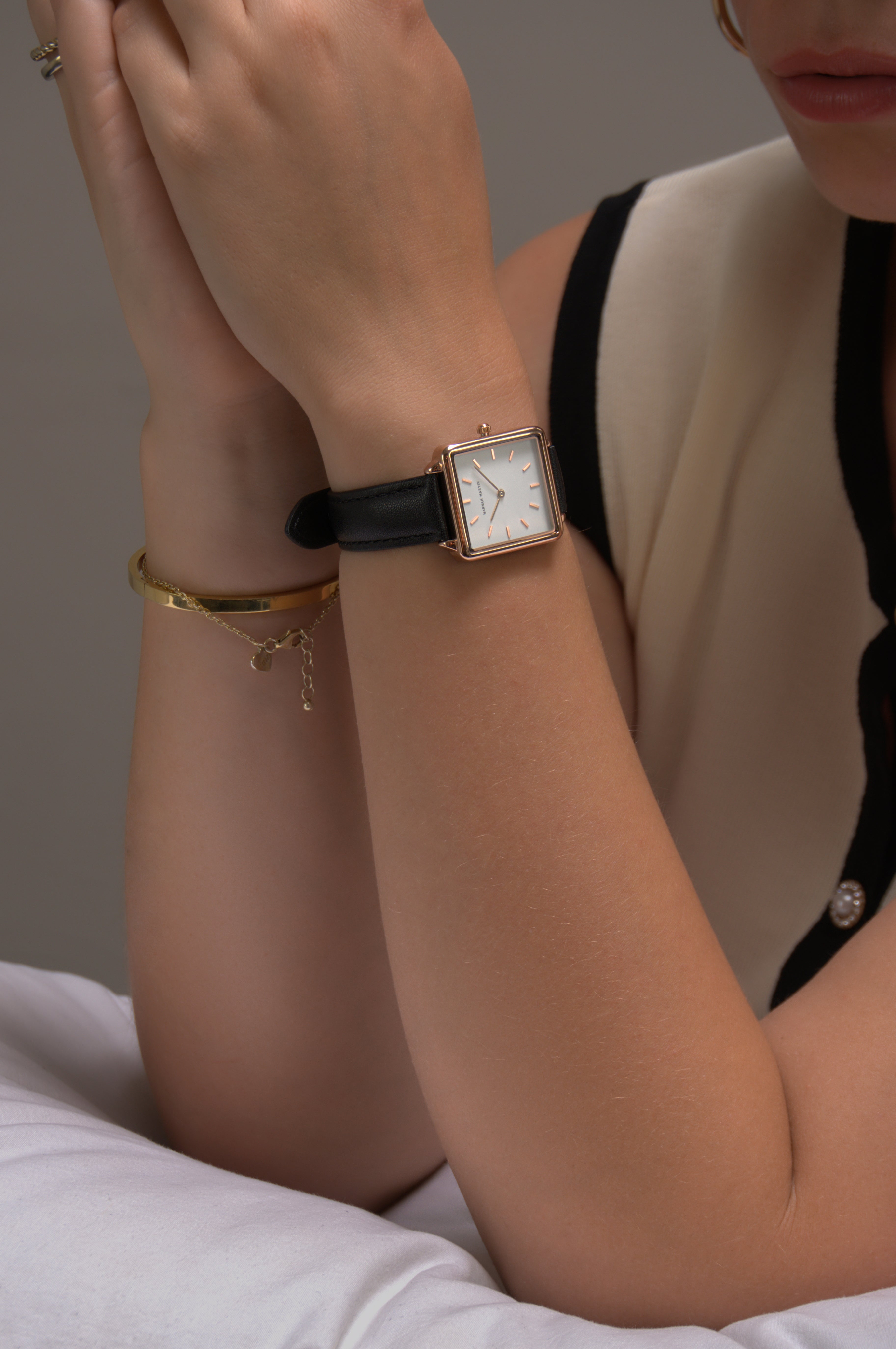 Avenue - Square Ladies Watch Rose Gold with White Dial and Black Leather Strap