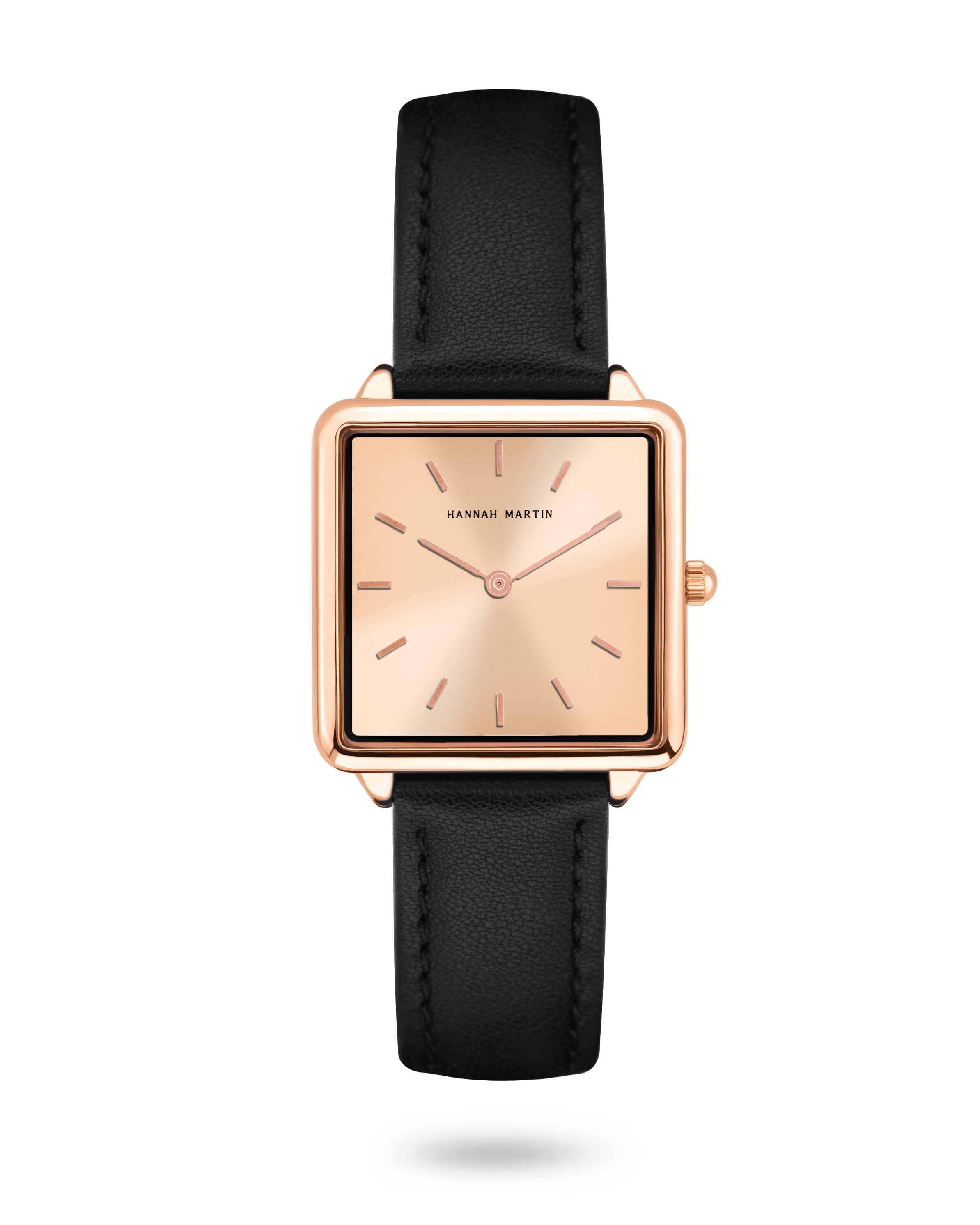 Aurora - Square Watch Rose Gold with Champagne Colored Dial and Black Leather Strap