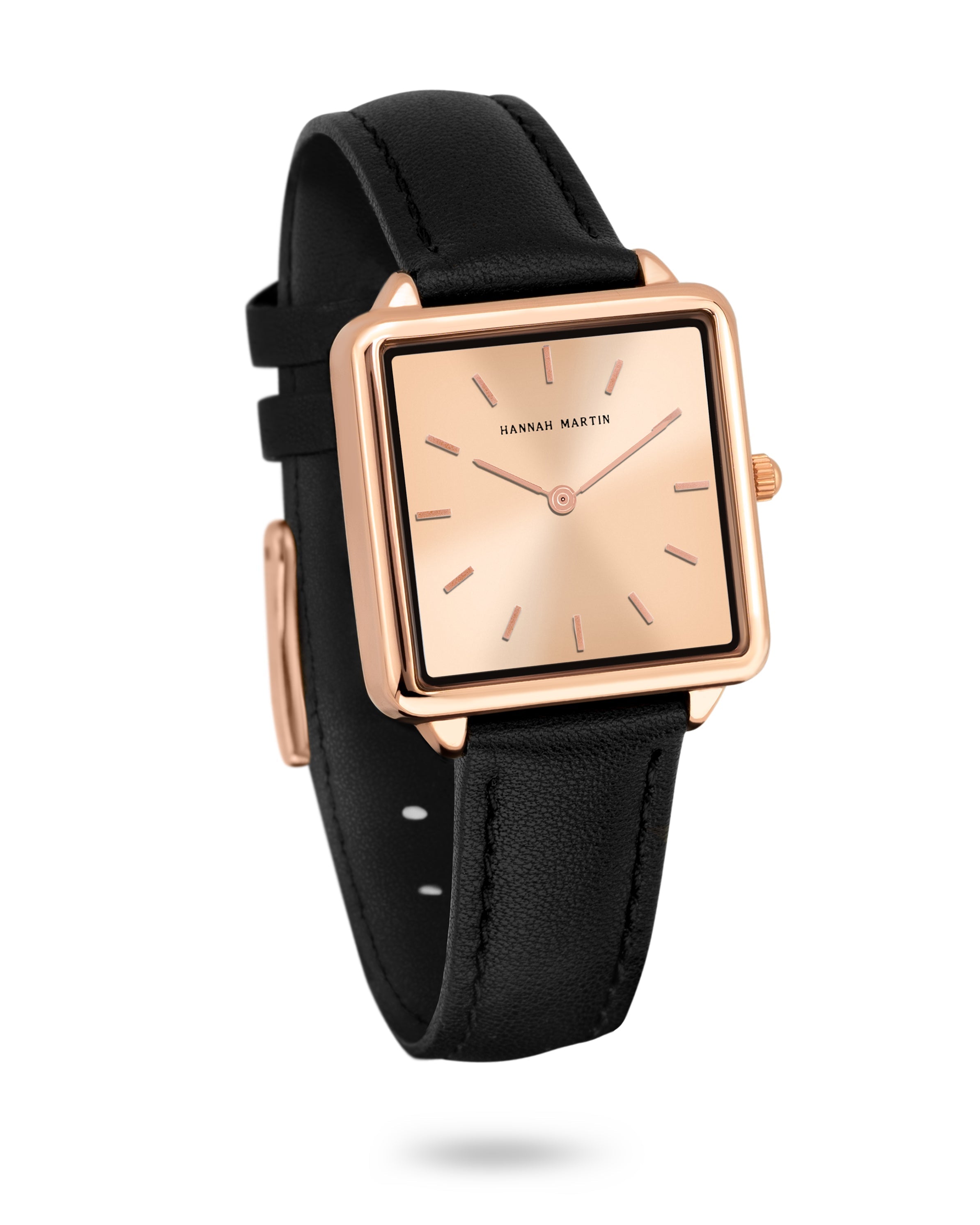 Aurora - Square Watch Rose Gold with Champagne Colored Dial and Black Leather Strap