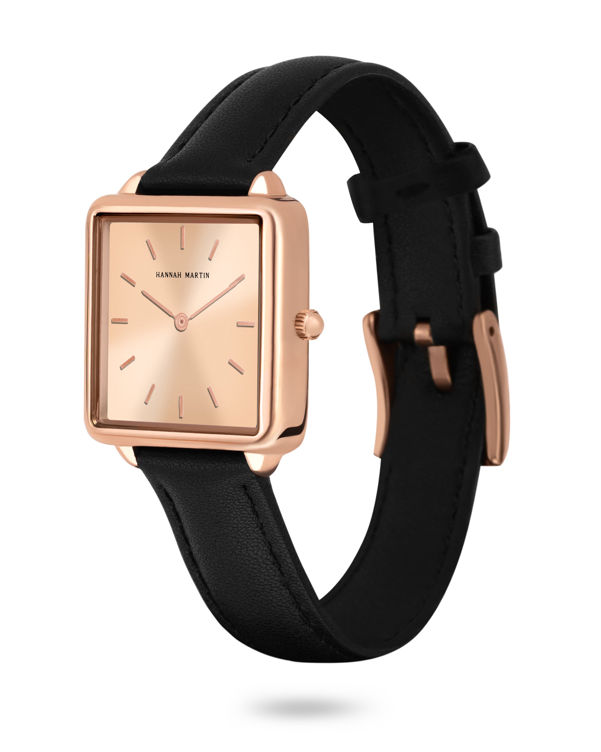 Aurora - Square Watch Rose Gold with Champagne Colored Dial and Black Leather Strap