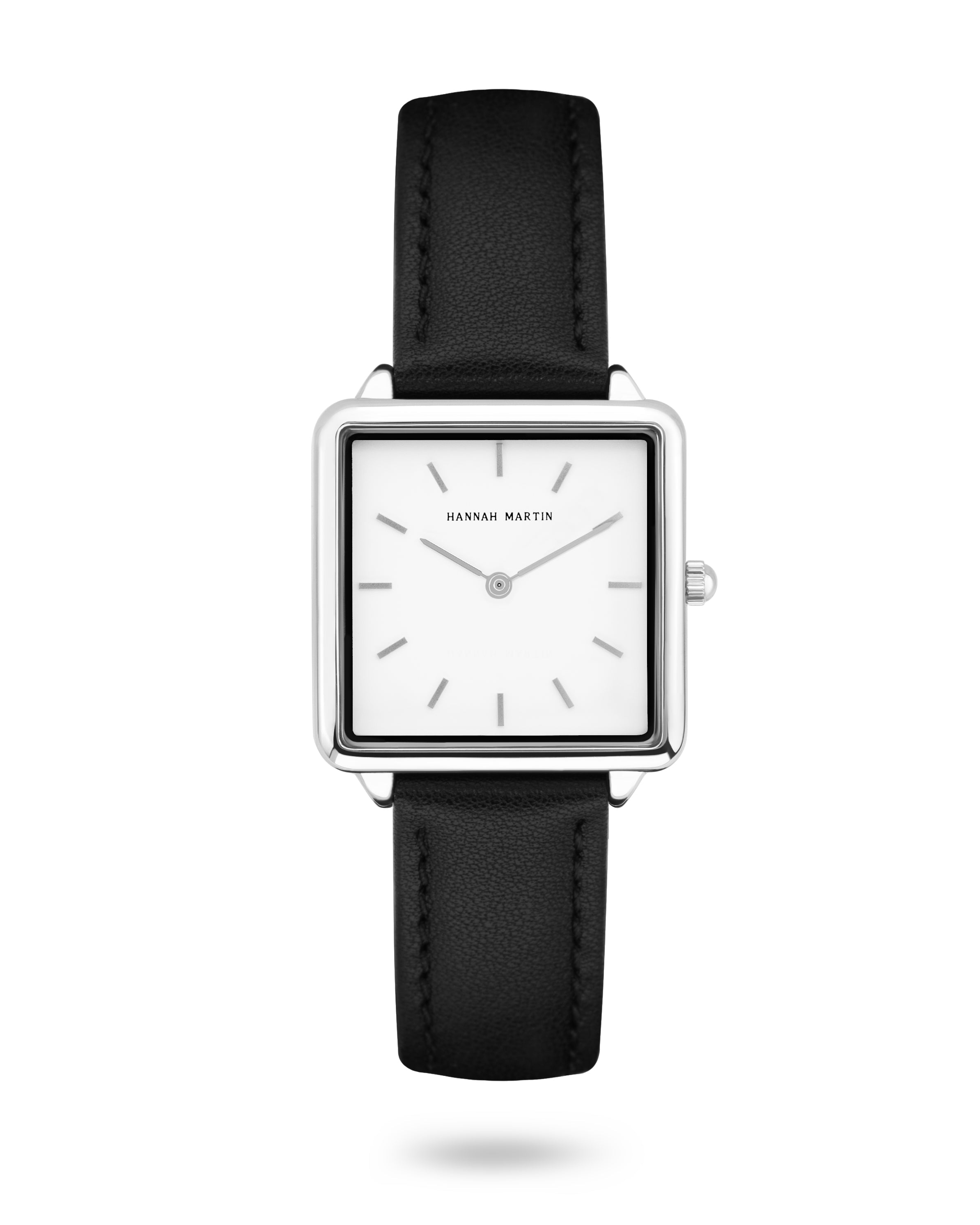 Celeste - Square Watch Silver with White Dial and Black Leather Strap