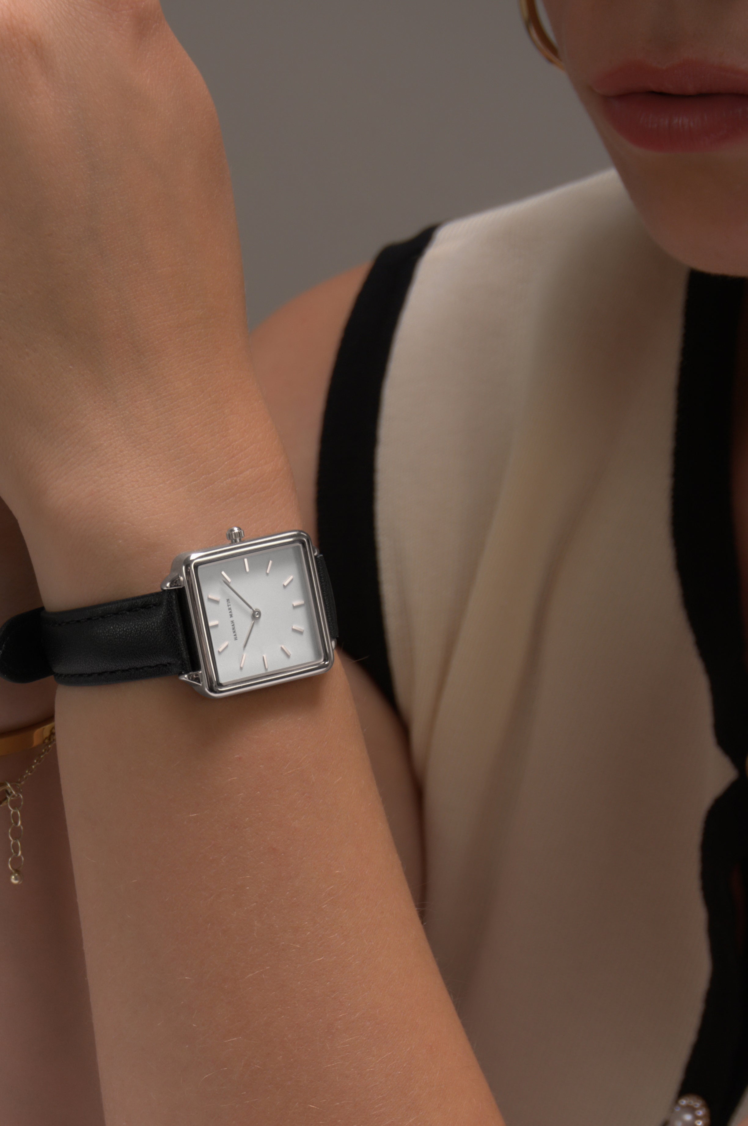 Celeste - Square Watch Silver with White Dial and Black Leather Strap