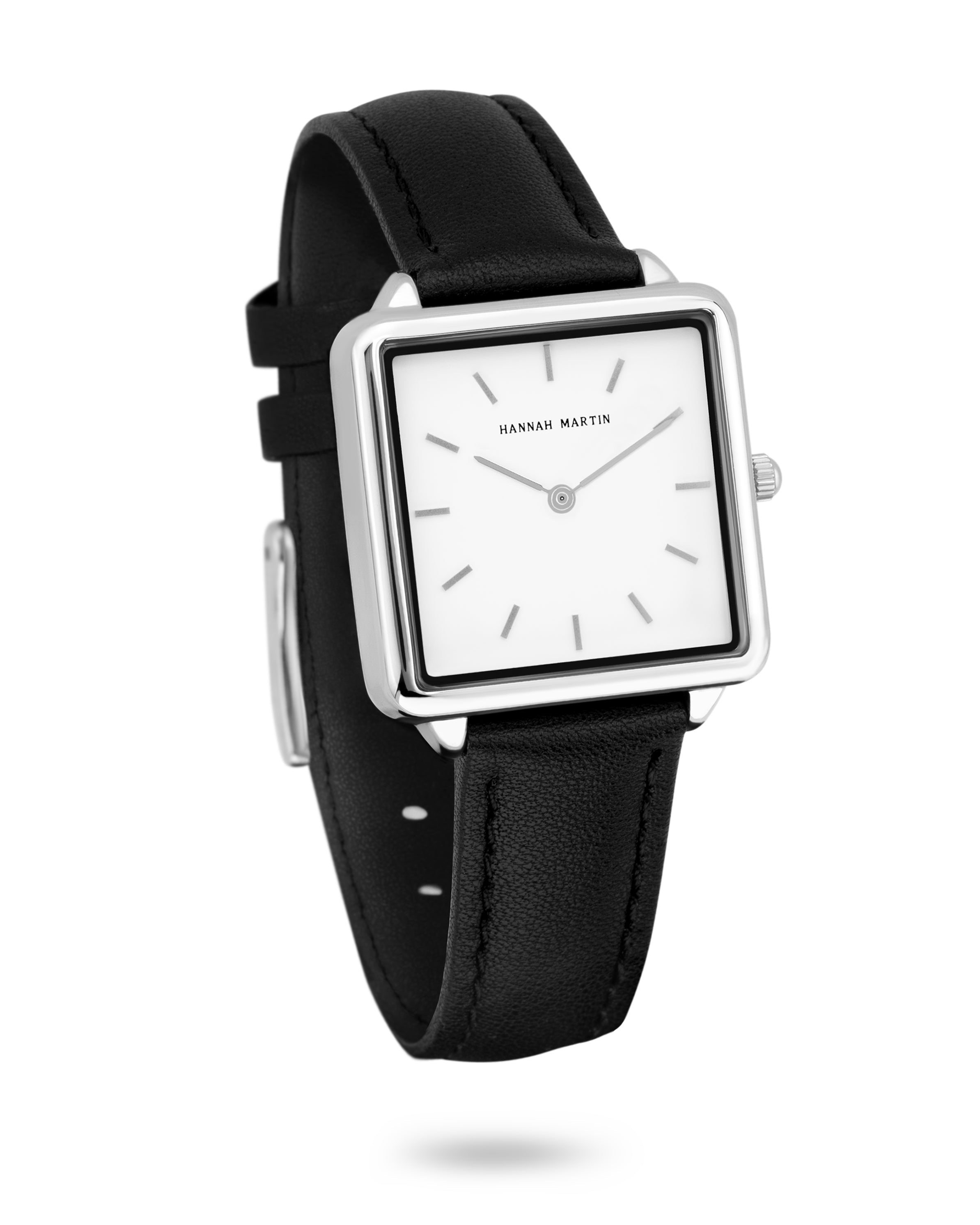 Celeste - Square Watch Silver with White Dial and Black Leather Strap