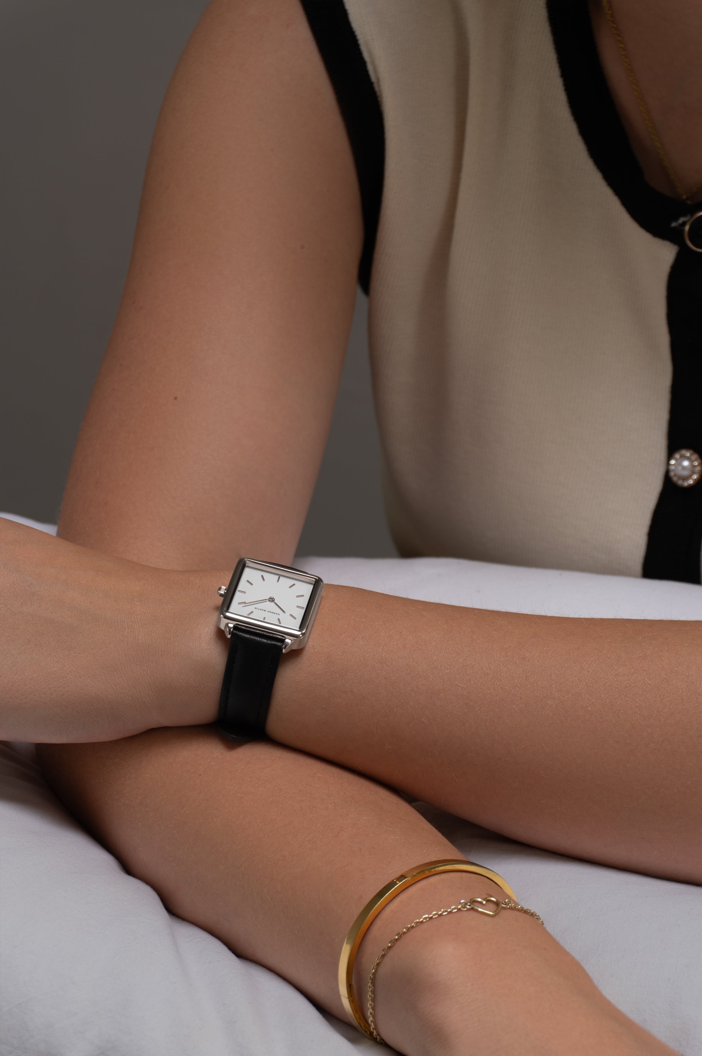 Celeste - Square Watch Silver with White Dial and Black Leather Strap