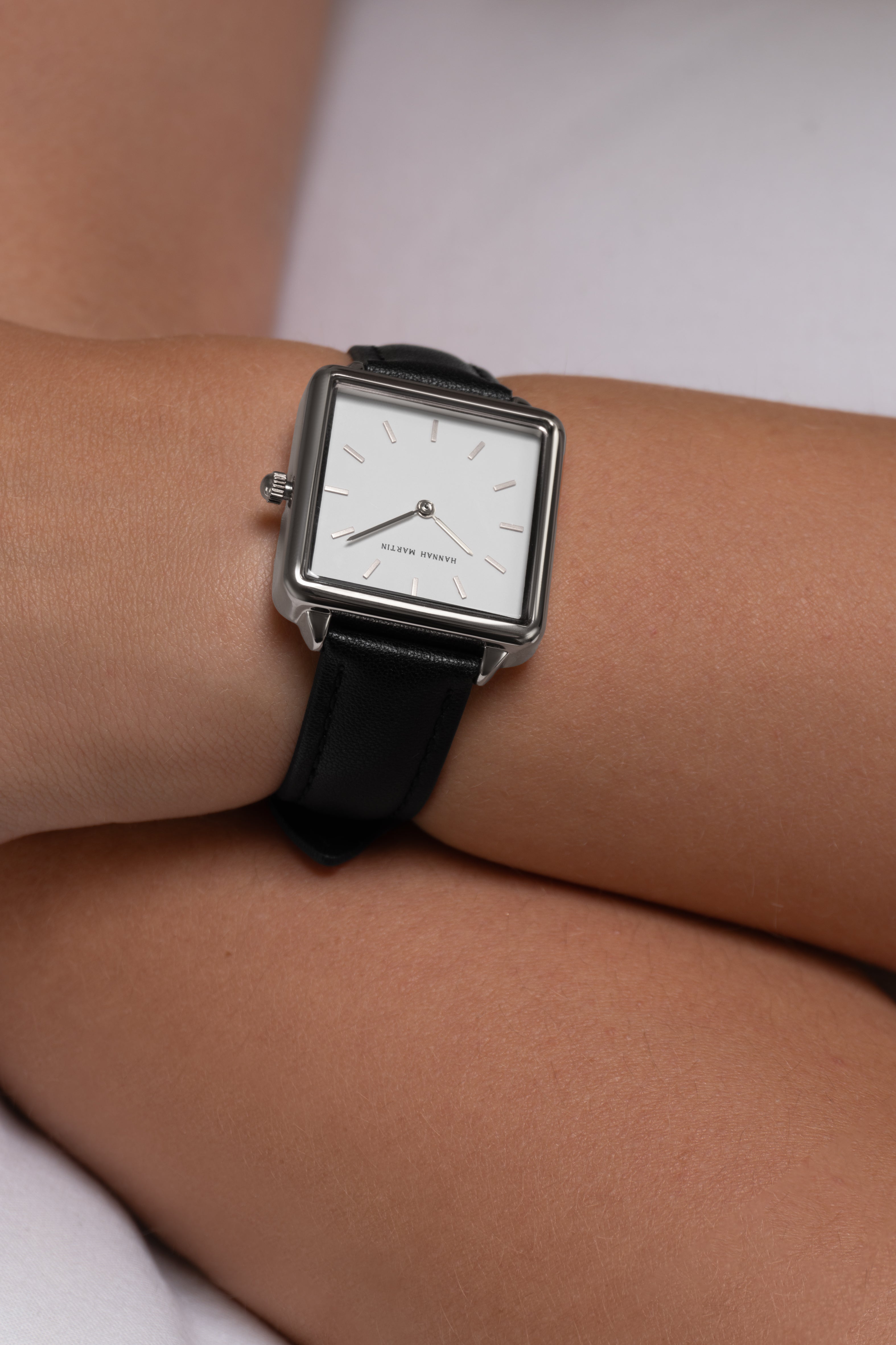 Celeste - Square Watch Silver with White Dial and Black Leather Strap