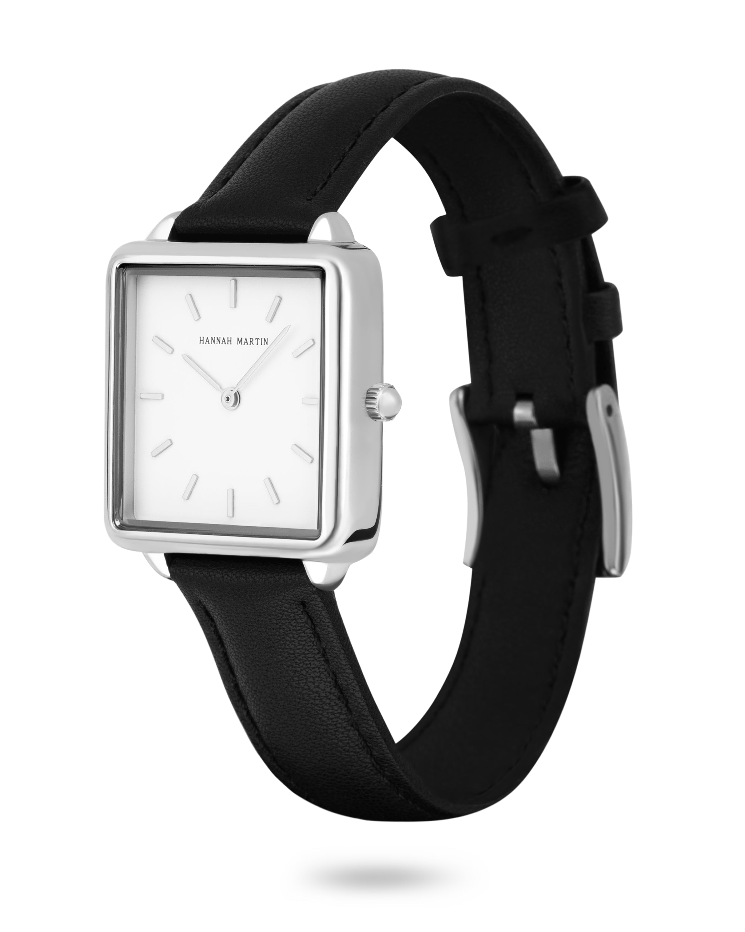 Celeste - Square Watch Silver with White Dial and Black Leather Strap