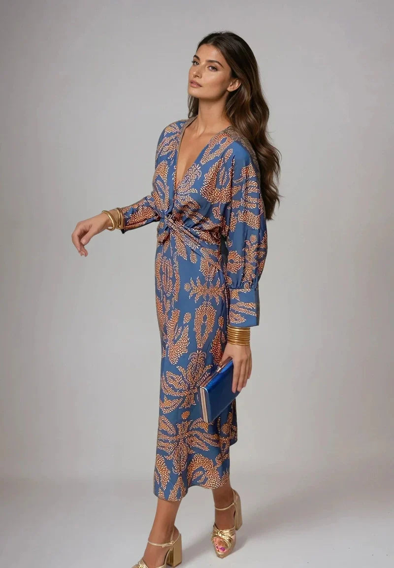 Akira Vintage Elegante Midi Jurk met Print en Lange Mouwen
