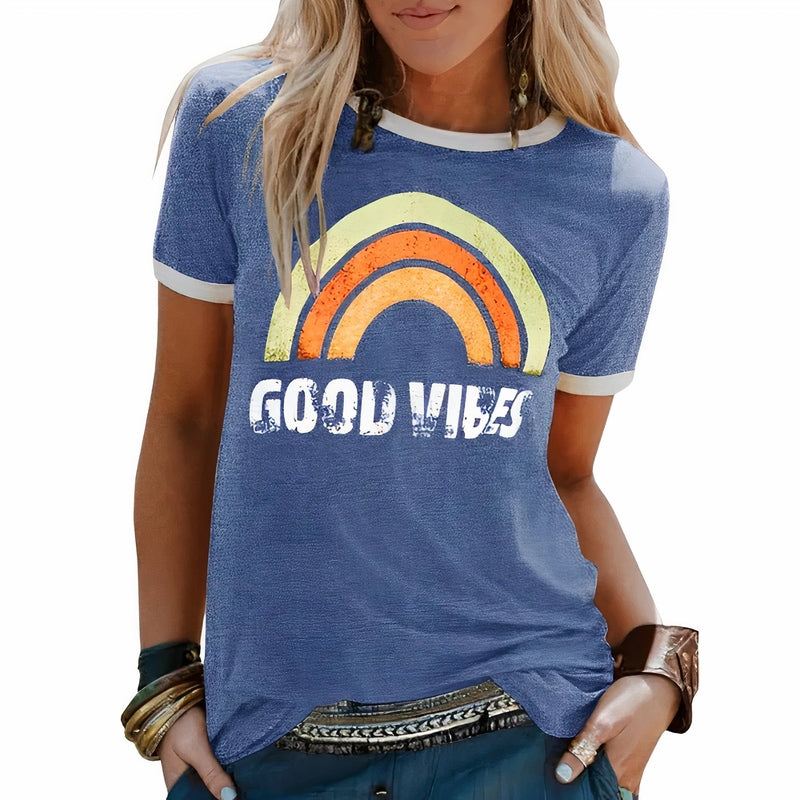 Maya Zachte Trendy Zomer T-shirt met Good Vibes Print