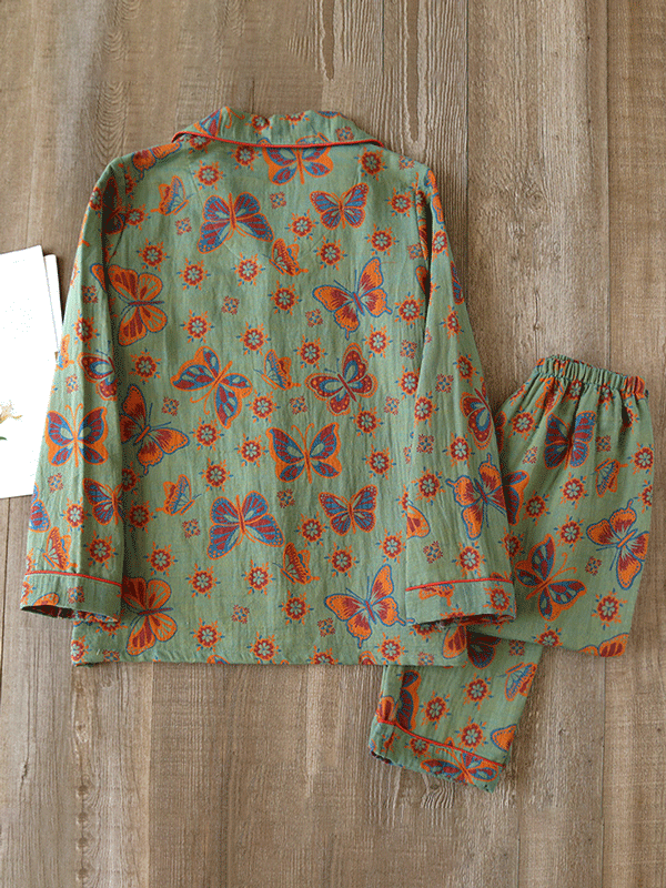 Elisa Crepe Vintage Butterfly Print Pajama Set