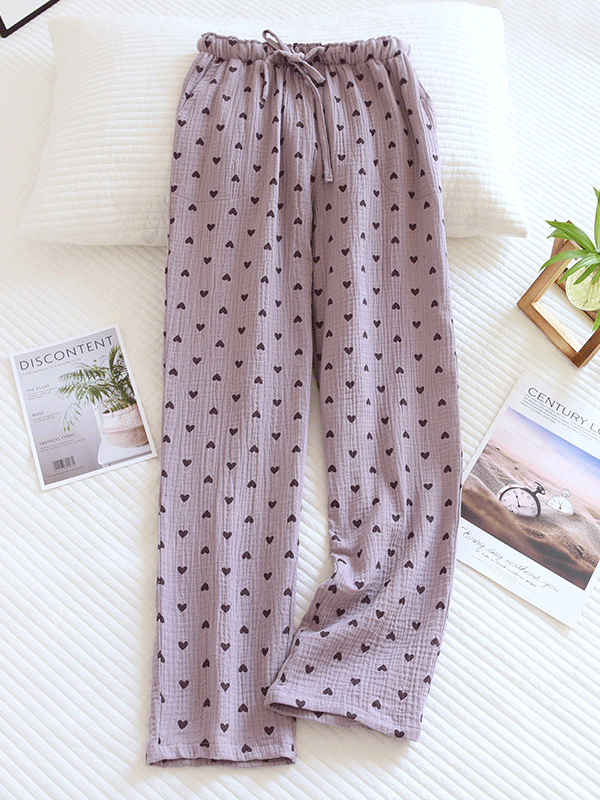 Cotton Long Pajama Pants with Heart Print