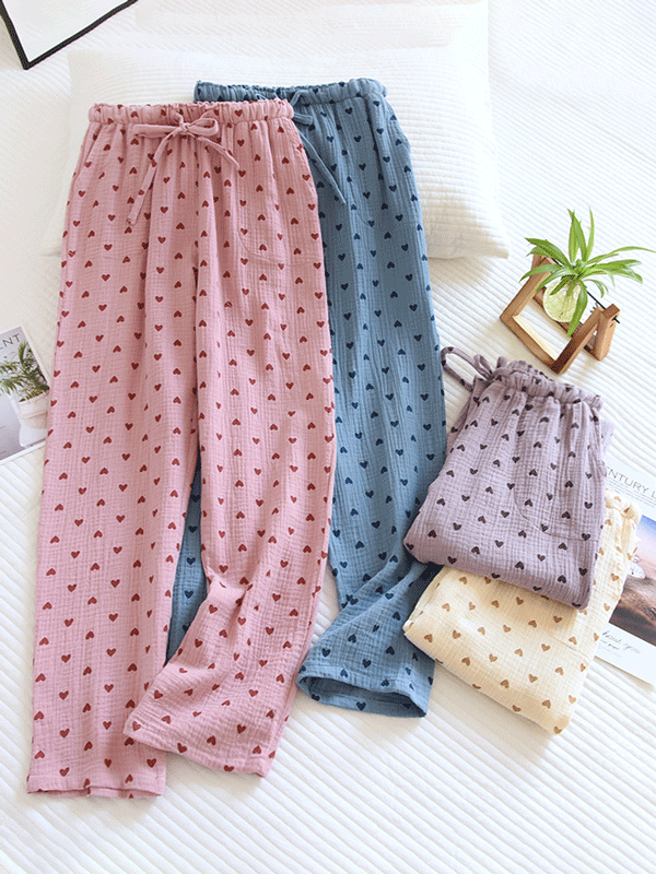 Cotton Long Pajama Pants with Heart Print