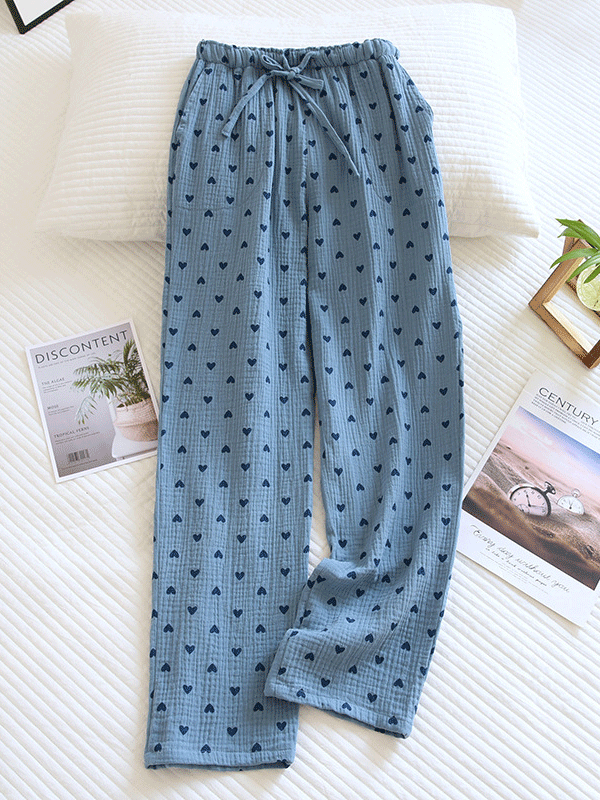 Cotton Long Pajama Pants with Heart Print