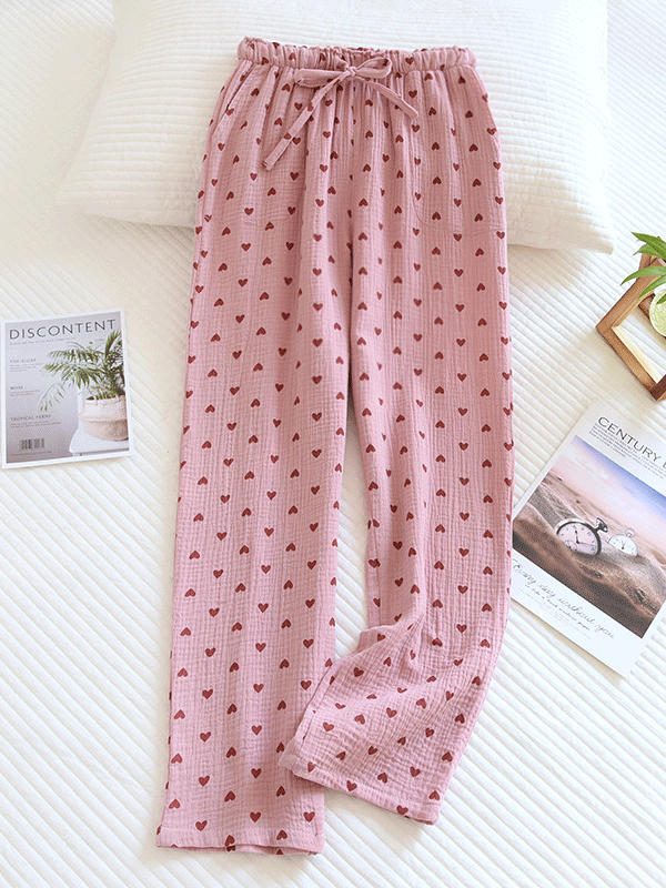 Cotton Long Pajama Pants with Heart Print