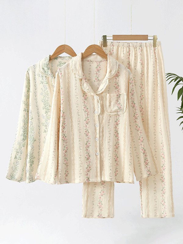 Sofia Floral Print Pajama Set with Lace Trim