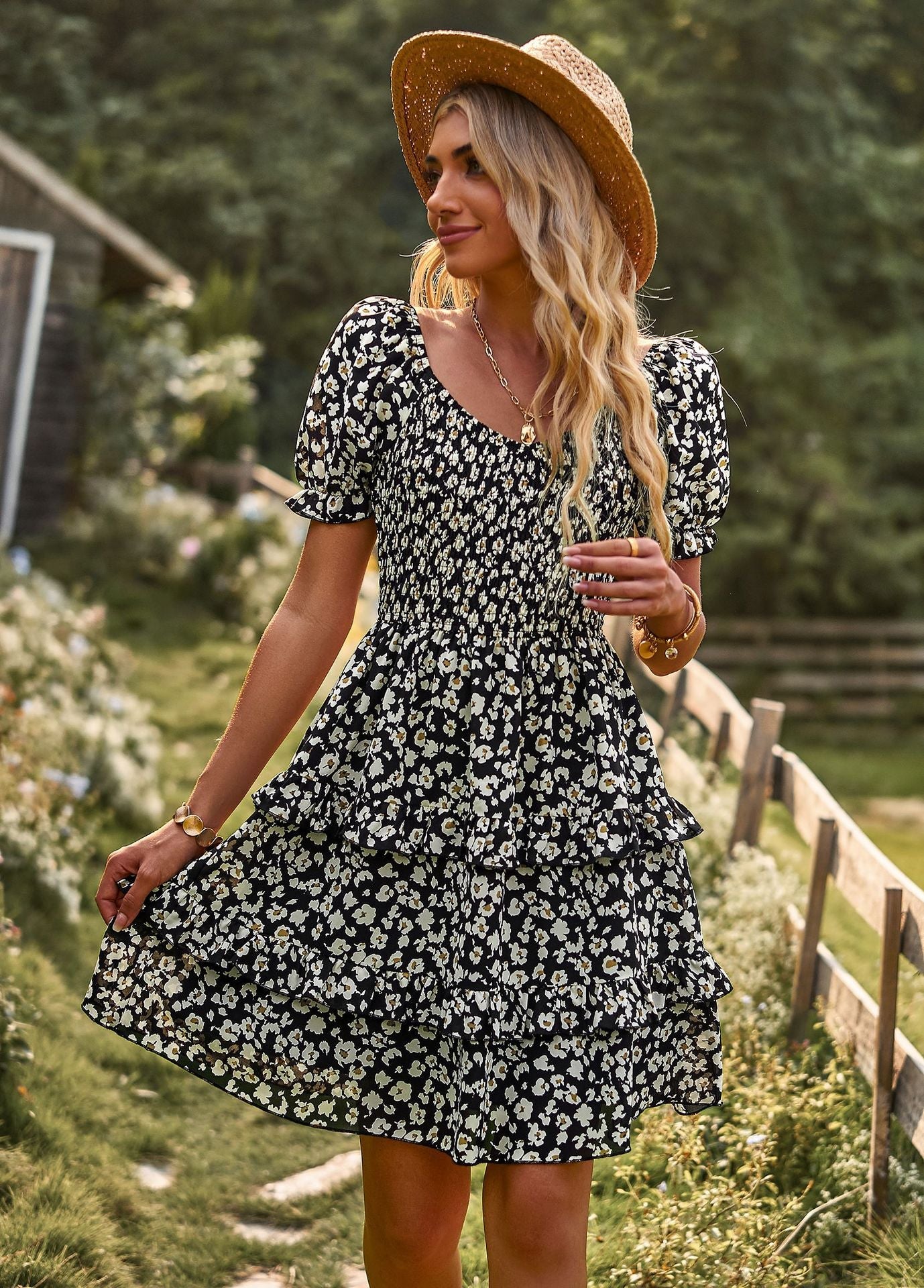 Sienna Luxe Bohemian Floral Puff Sleeve Dress – Comfortable & Elegant Summer Dress