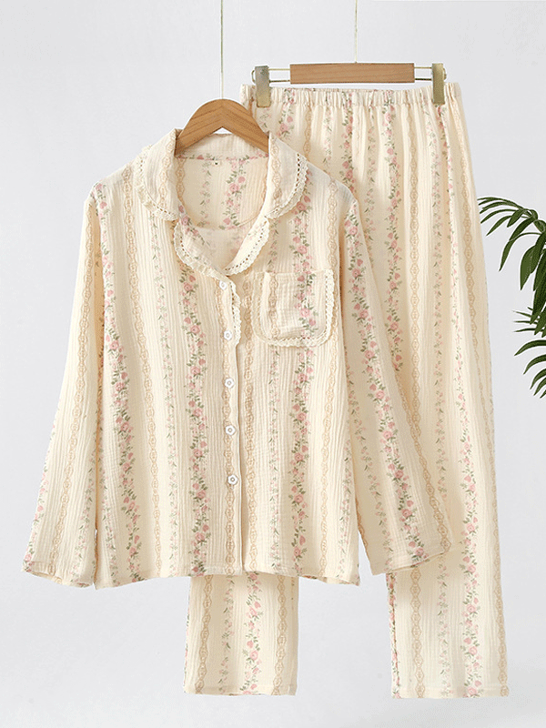 Sofia Floral Print Pajama Set with Lace Trim