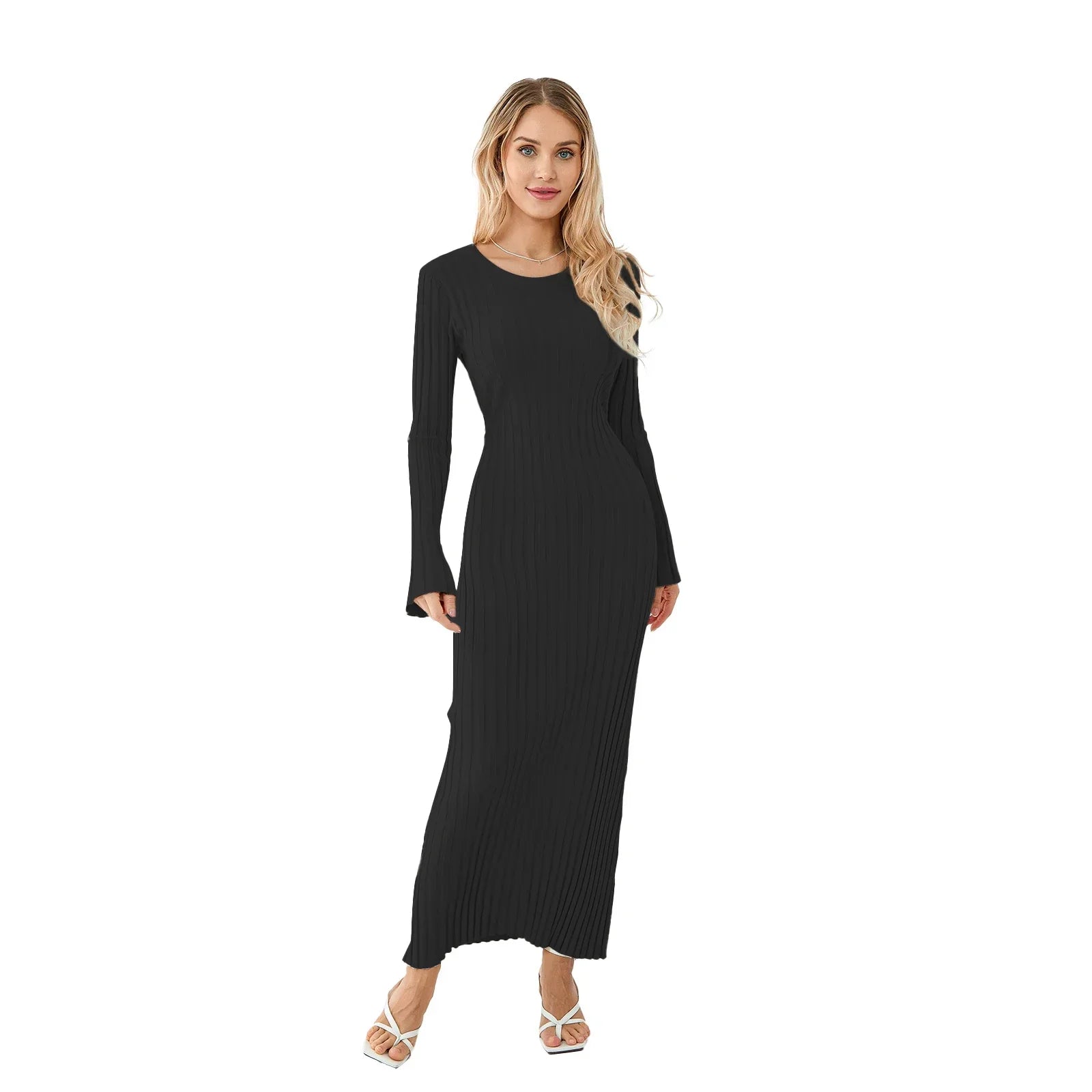 Elena Elegant Maxi Dress with Ribbed Fabric and Laces