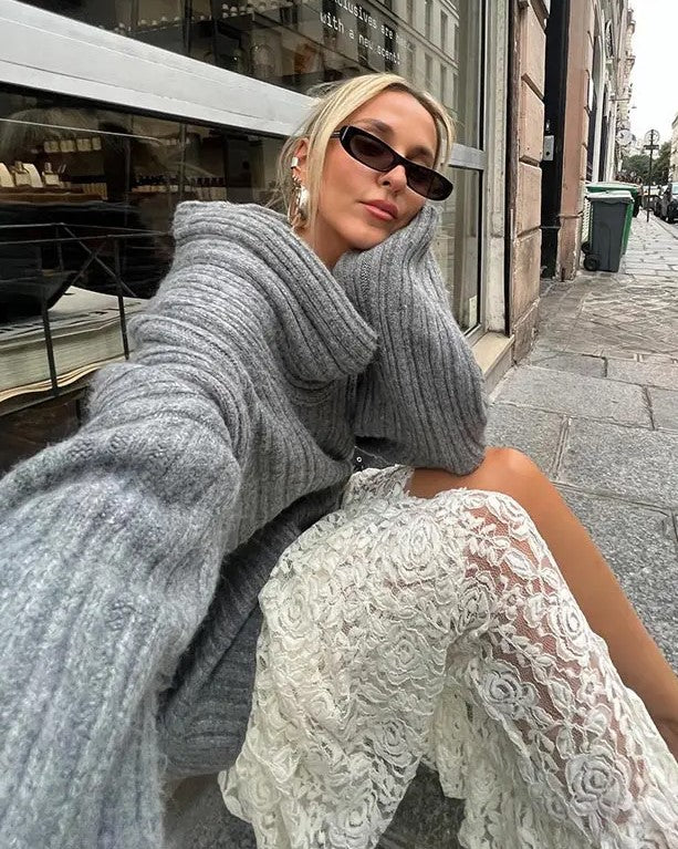 Off-Shoulder Knitted Sweater with Oversized Sleeves