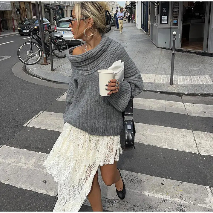 Off-Shoulder Knitted Sweater with Oversized Sleeves