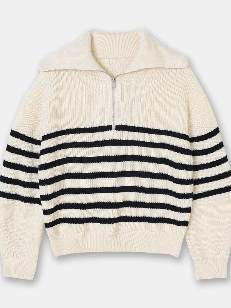 Mila Luxe Knitted Sweater - Striped Design and Half Zip