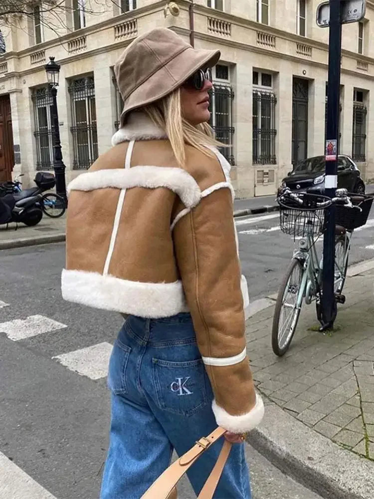 Cropped Aviator Teddy Jacket with Sherpa Details - Camel