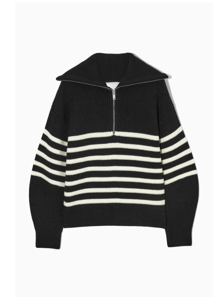 Mila Luxe Knitted Sweater - Striped Design and Half Zip