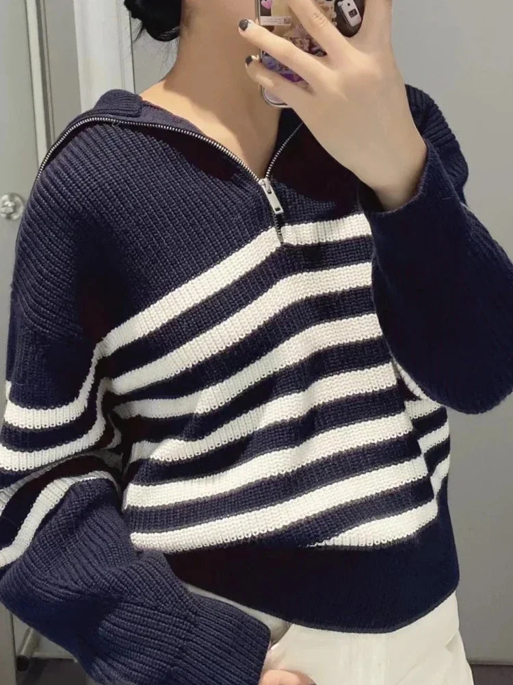 Mila Luxe Knitted Sweater - Striped Design and Half Zip