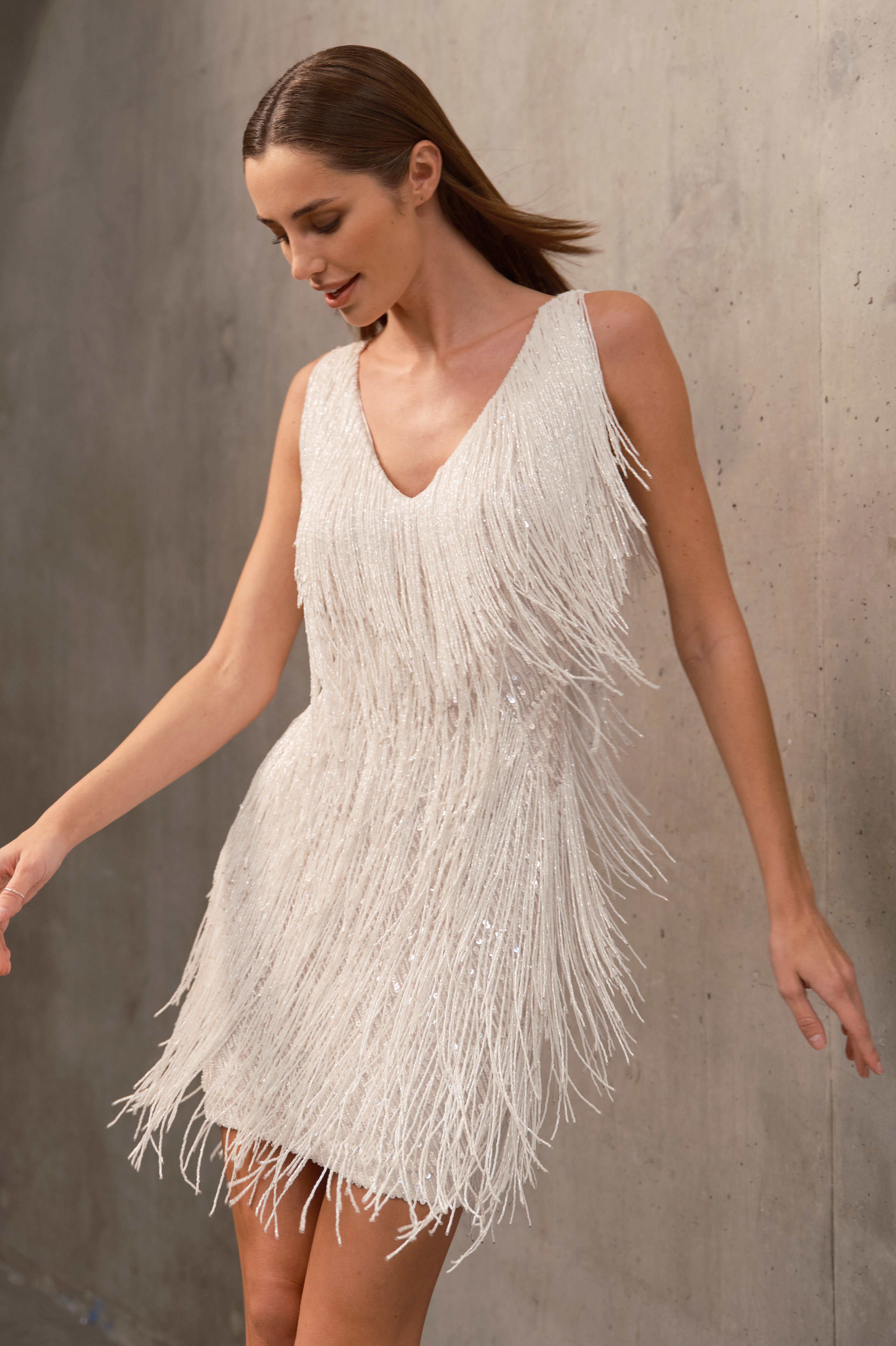 Celeste Luxe Shimmer Fringe Dress – Handgemaakte Beading en V-Hals