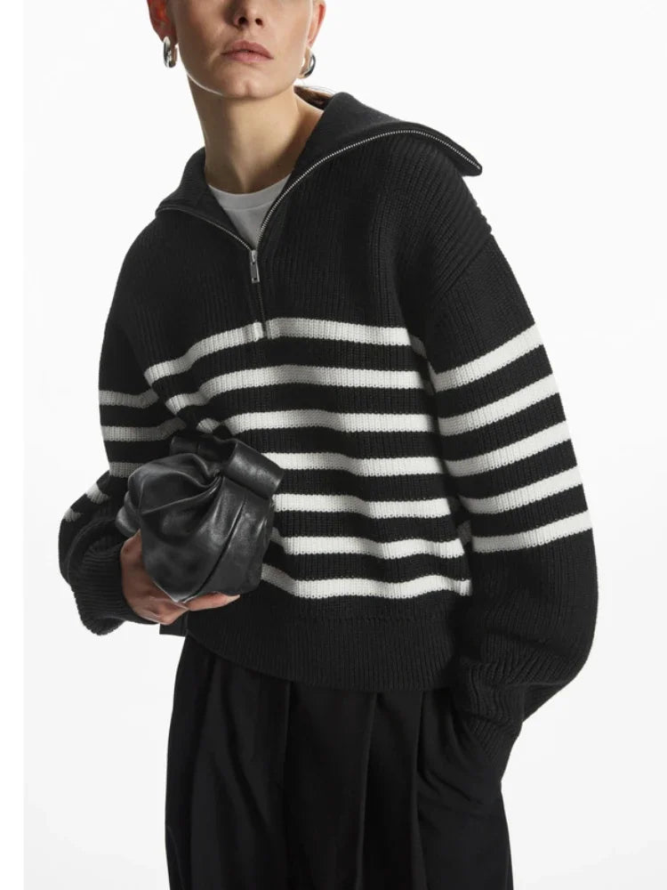 Mila Luxe Knitted Sweater - Striped Design and Half Zip