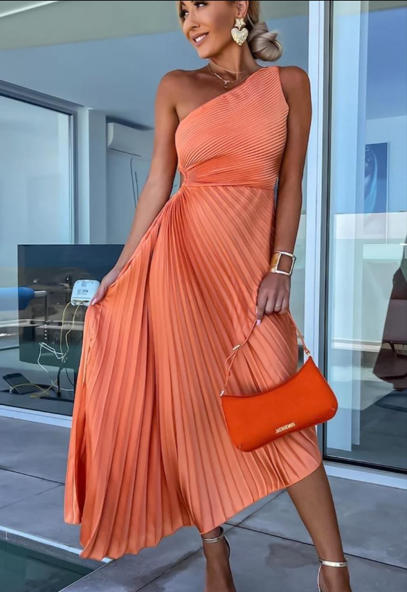 Emma Elegant One-Shoulder Pleated Maxi Dress