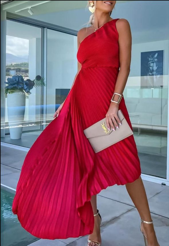 Emma Elegant One-Shoulder Pleated Maxi Dress