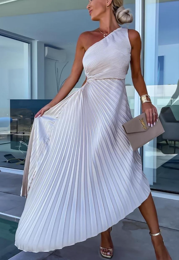 Emma Elegant One-Shoulder Pleated Maxi Dress